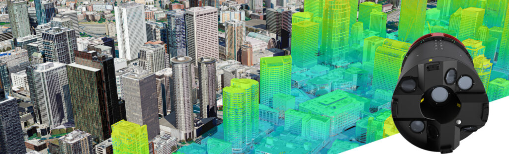A visual showing the Leica Geosystems CityMapper 2 and a combination of lidar and 3d mesh produced with it.