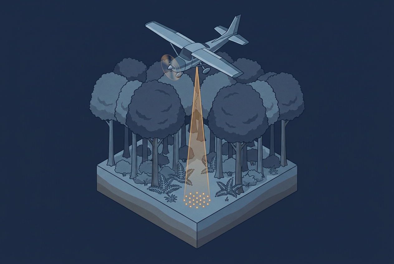Isometric illustration of a small plane sending a laser pulse through a gap in a forest canopy to reach the ground beneath low undergrowth