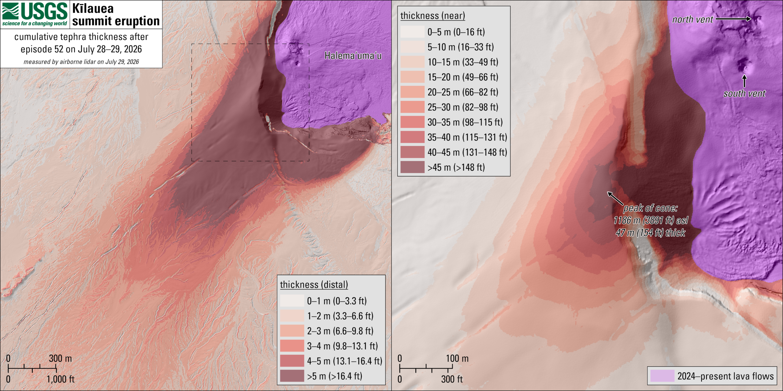 Two-panel USGS map of cumulative tephra thickness southwest of Halemaʻumaʻu crater at Kīlauea, shaded over a LiDAR elevation model: the left panel shows the thin distal deposit up to 5 meters stretching into the Kaʻū Desert, the right panel zooms on the tephra cone with thicknesses above 45 meters at its peak