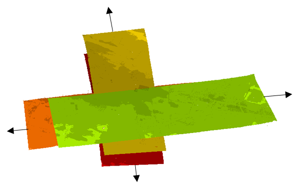 Diagram of a LiDAR boresight calibration flight with two opposing east-west lines at one altitude and two opposing north-south lines at roughly double the altitude