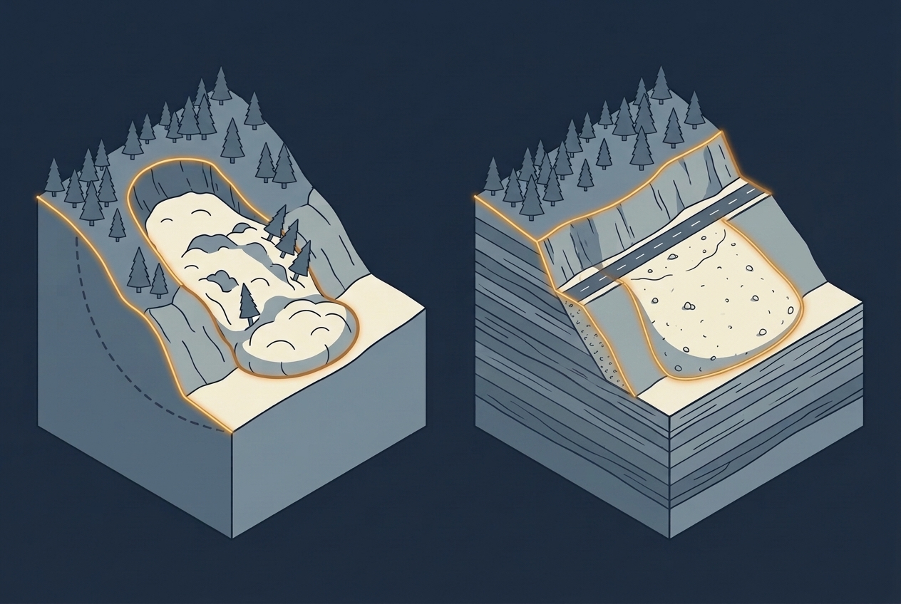 Two-panel isometric diagram comparing a natural landslide with a road cut on a forested hillside. Both show a steep break at the top and a rounded bulge at the bottom, outlined in amber, but the cross-section reveals a curved slip surface under the landslide and cleanly cut rock layers with loose fill under the road.