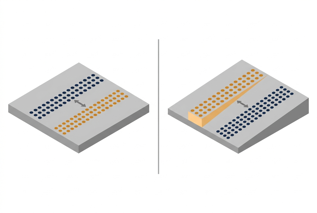 Two panel isometric diagram comparing a horizontal shift between two LiDAR strips on flat ground, where no gap is visible, against the same shift on a sloped surface, where the shift produces a visible height gap between the strips