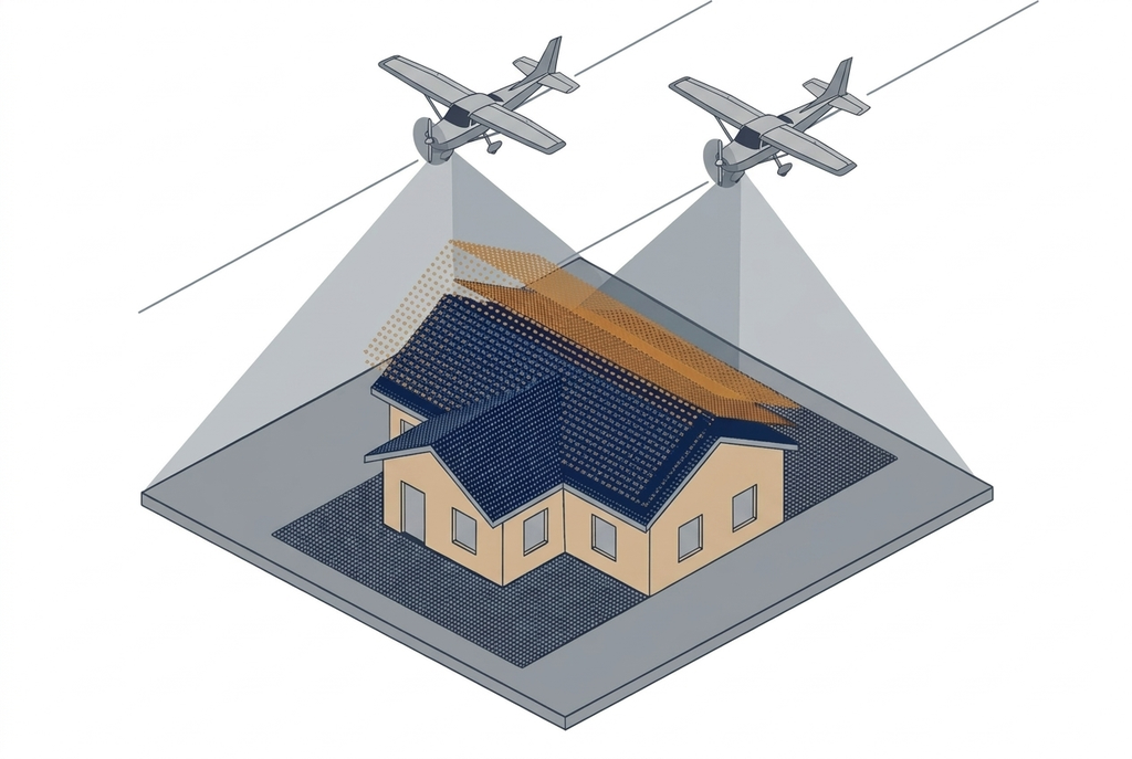 Isometric diagram of a house roof captured twice by overlapping LiDAR strips, with a dark navy point cloud on the roof and an amber point cloud copy of the same roof floating slightly above it, two aircraft with overlapping scan swaths flying above