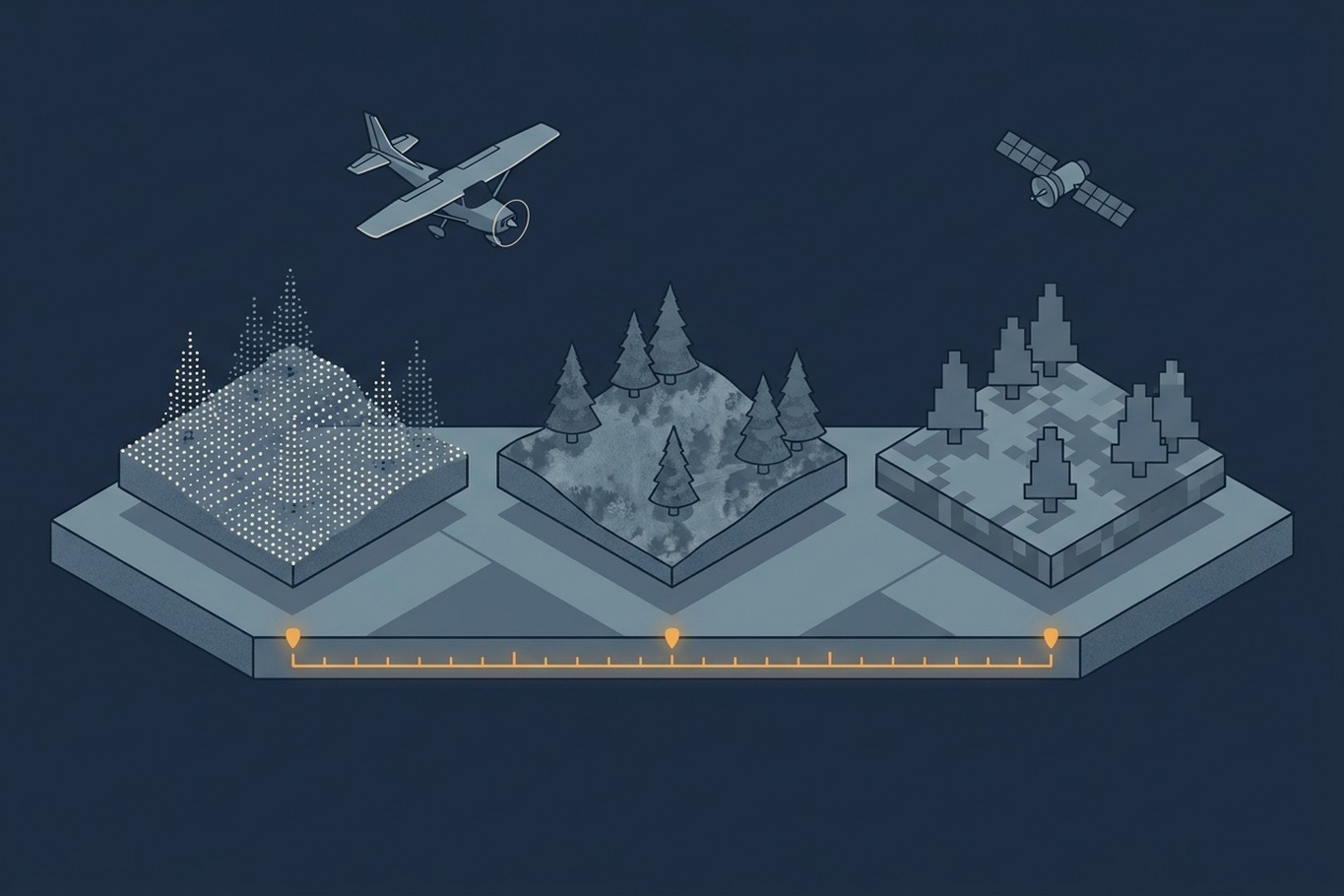 Isometric illustration of the same forest shown three times on one platform: as a LiDAR point cloud below a Cessna-style aircraft, as an aerial image, and as a coarse satellite pixel grid below a satellite, all linked by an amber timeline along the front edge