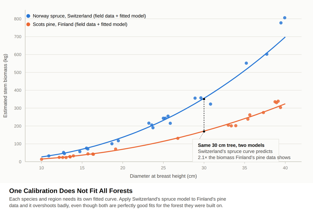 Chart of stem biomass against tree diameter where a Swiss Norway spruce model predicts 2.1 times the biomass of a Finnish Scots pine model for a 30 cm tree