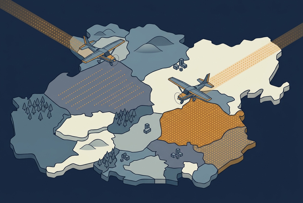 Isometric illustration of a patchwork of raised country tiles, with amber dotted scan coverage ranging from sparse strips to dense fill and two Cessna-style aircraft trailing amber scan swaths above different tiles.