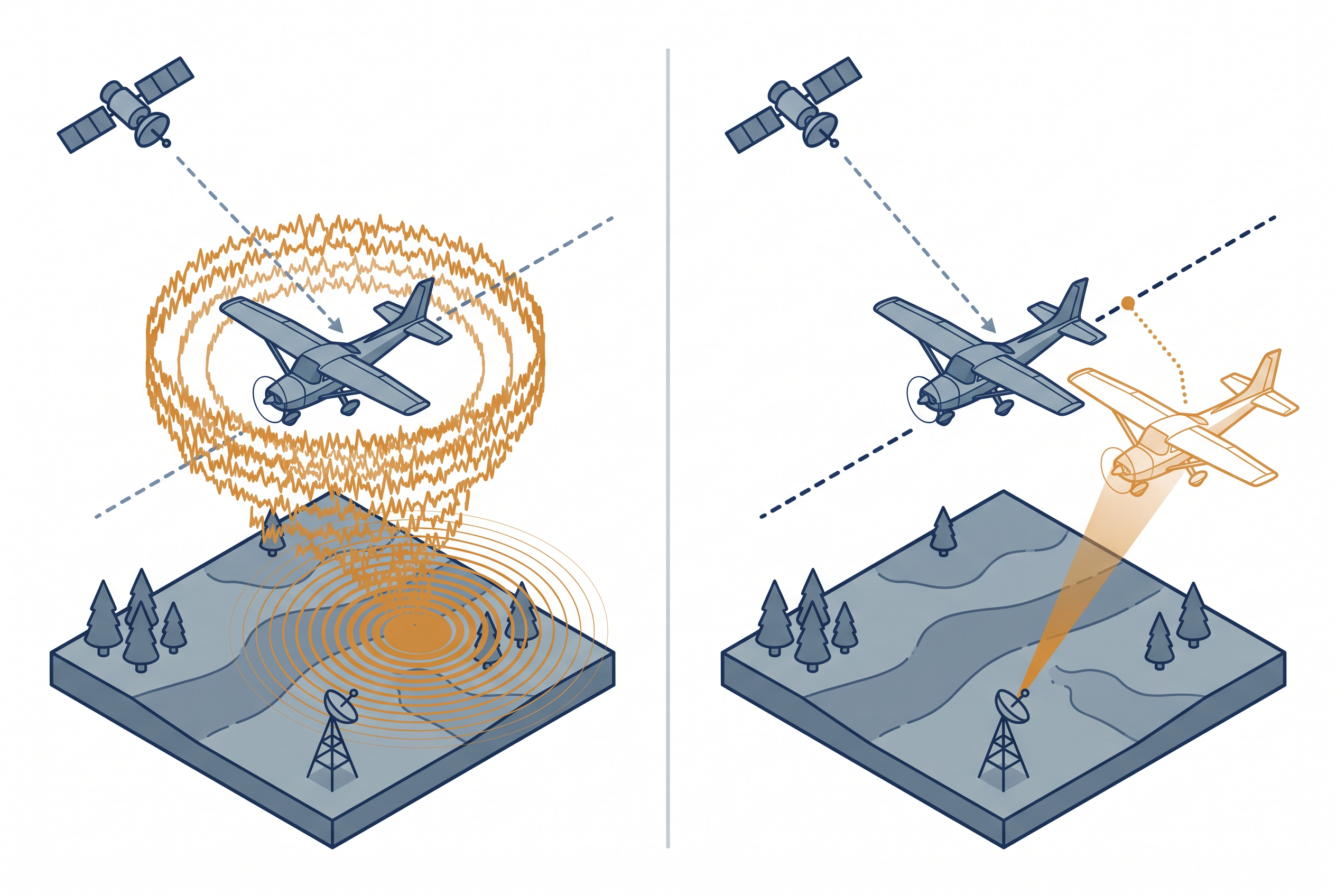 Two-panel isometric illustration on white. Left: amber noise rings around a survey aircraft cut off its satellite signal (jamming). Right: a false amber signal places a ghost aircraft away from the real flight path (spoofing).