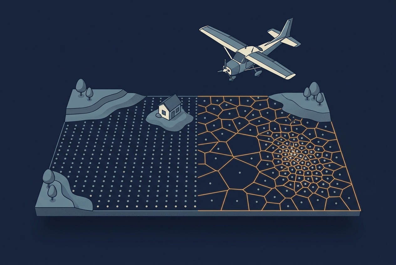 Isometric illustration of a terrain platform covered in dots, with amber Voronoi cells around the unevenly spaced dots on one half, showing density measured from the area around each point.