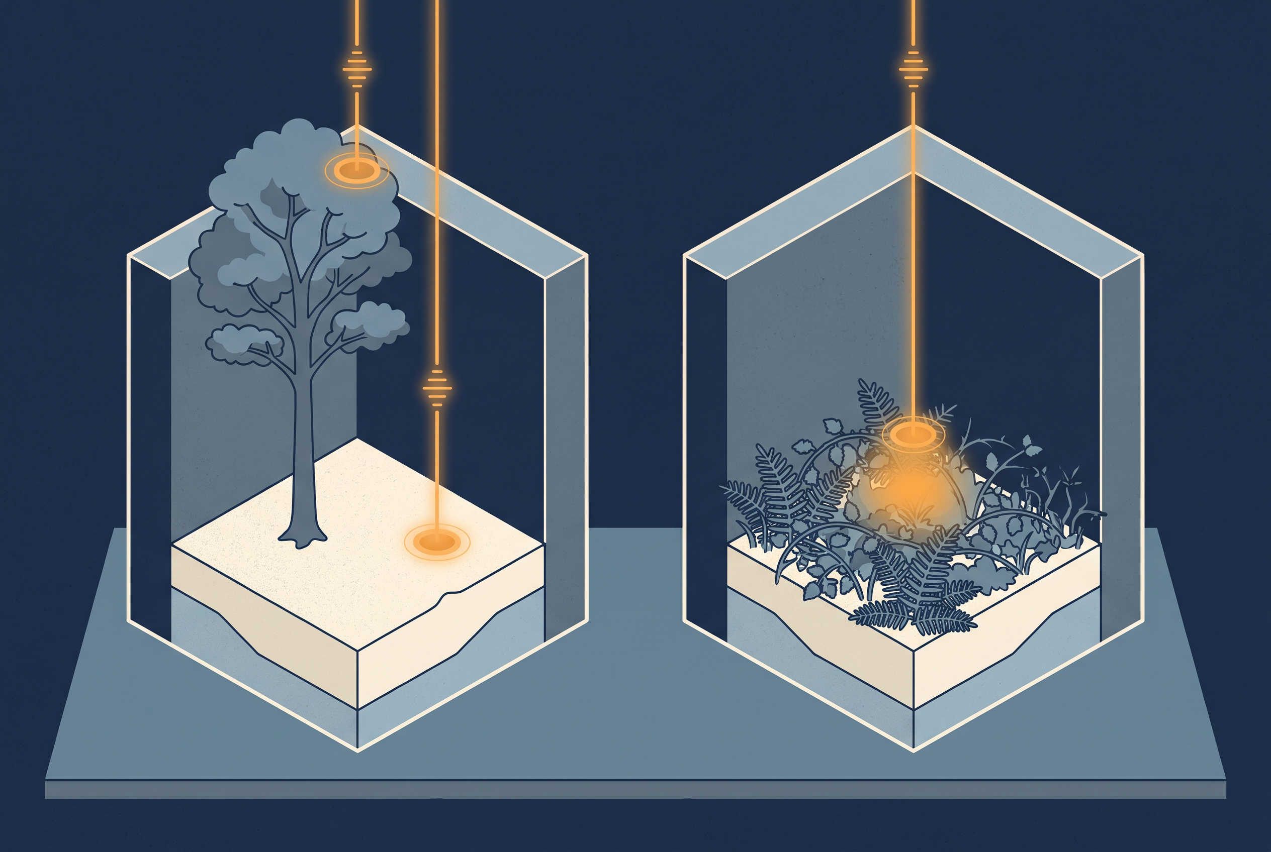 Isometric cutaway of two terrain blocks: under a tall tree a laser pulse returns two clearly separated amber echoes, while over low ferns the two echoes merge into one amber glow.